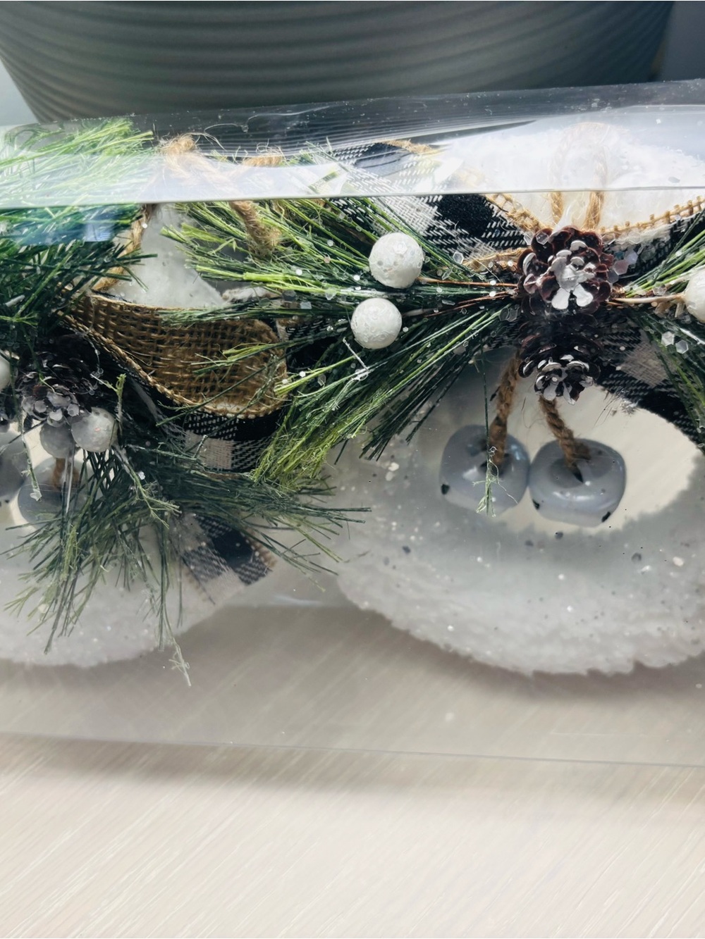 Holiday Snowman Ornament with Pine and Pinecone Accents - White